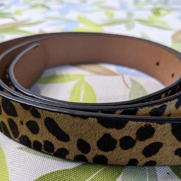 J. Crew Calf Hair Leather Belt, Brass Buckle, Animal Print, Sz Med, Unisex, NWOT - Picture 2 of 9